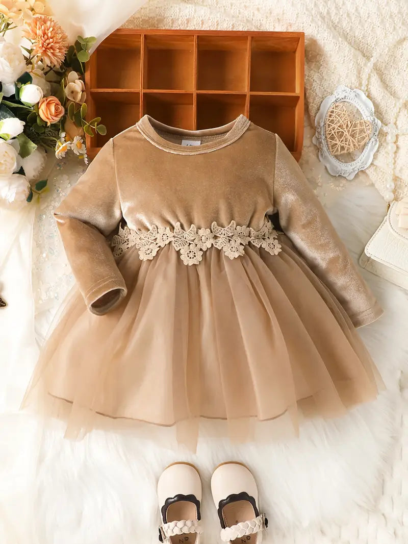 Baby Front Flower Pattern Velvet Mesh Dress