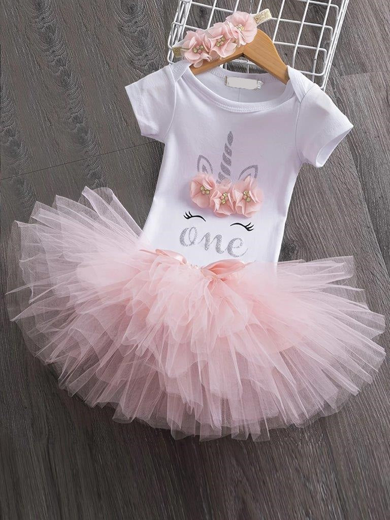Baby 3 Piece One Year Old Unicorn Birthday Outfit Pink