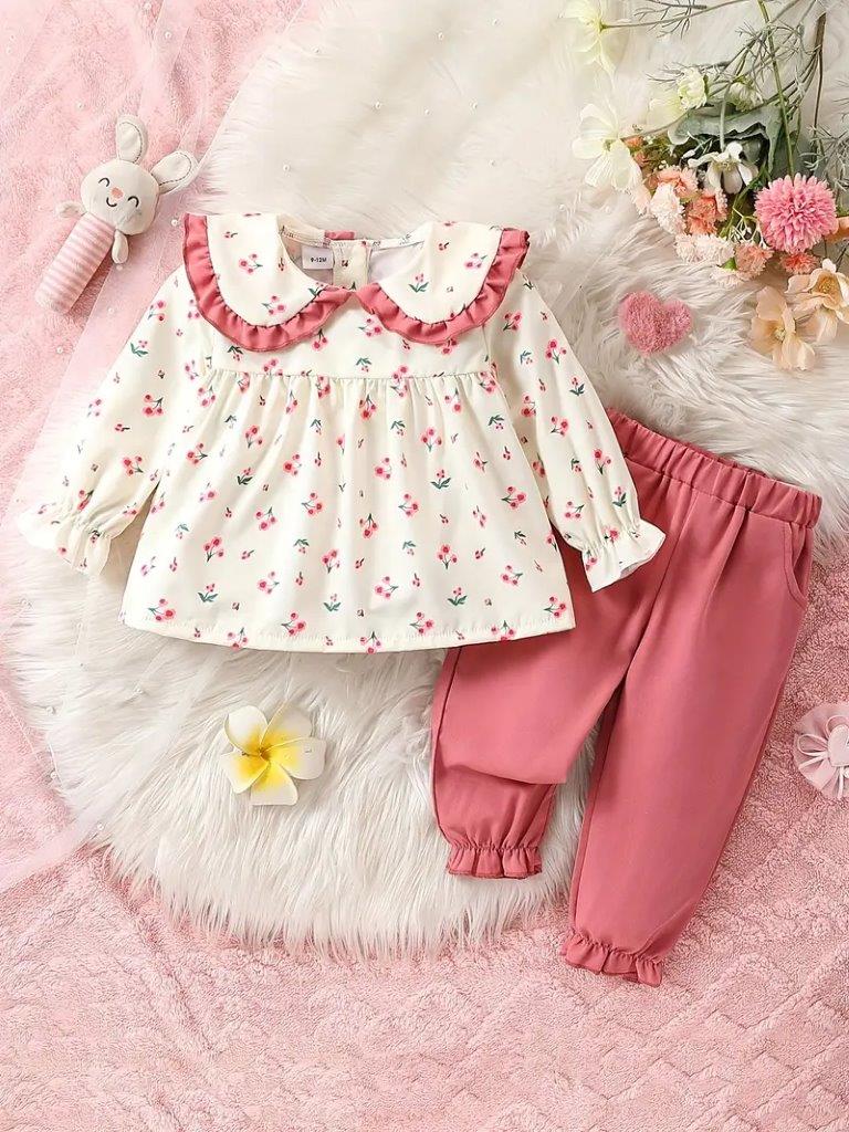 Baby Floral Doll Collar Top With Pants Set