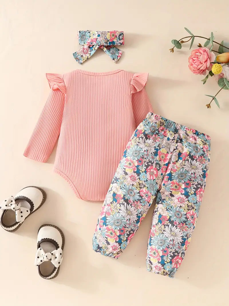Baby Pink Ribbed Ruffle Bodysuit And Pants Set
