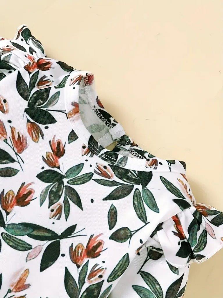 Baby Floral Print Ruffle Sleeve Bodysuit And Bow Pants Set