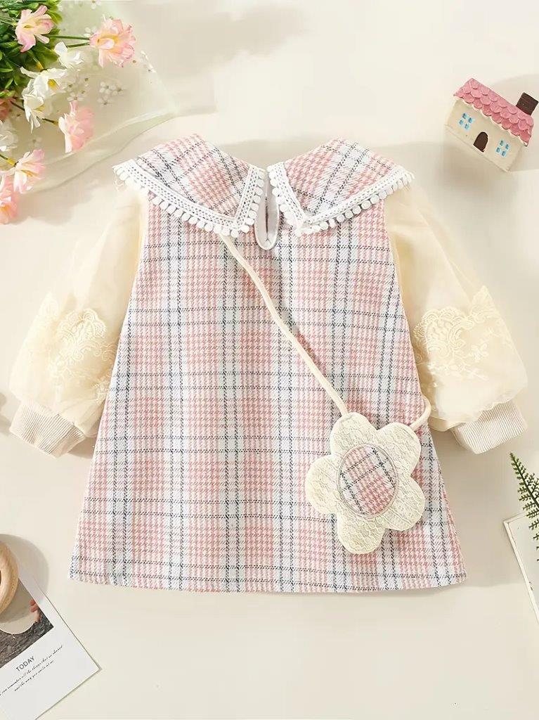 Baby Elegant Plaid Long Sleeve Dress With Bag