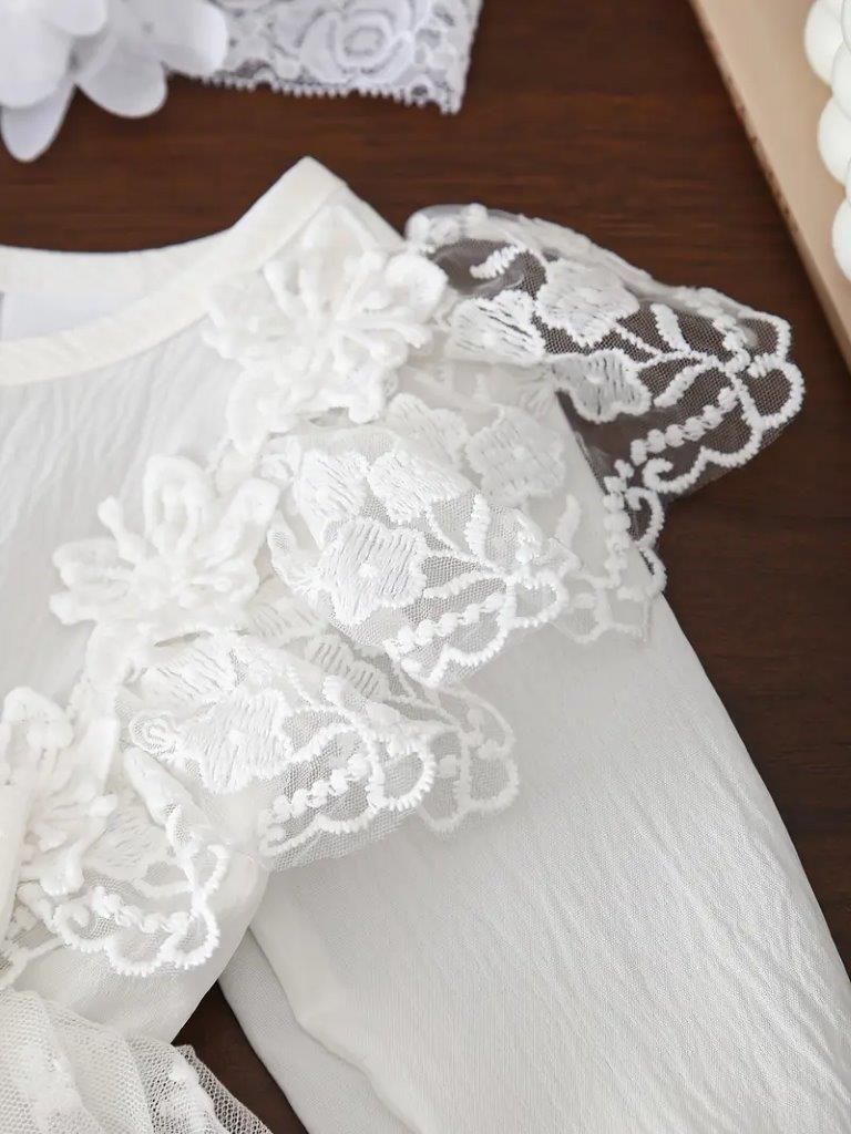 Baby White Embroidered Bow Lace Dress With Headband