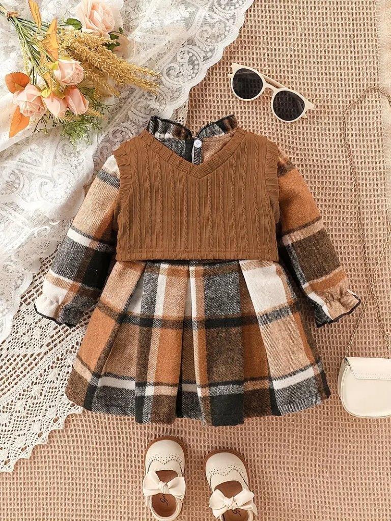 Baby 2 Piece Cozy Vest And Plaid Dress Set