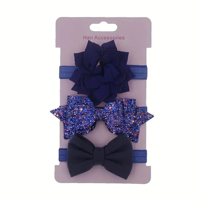 Baby 3 Piece Bow And Flower Headband Set Blue