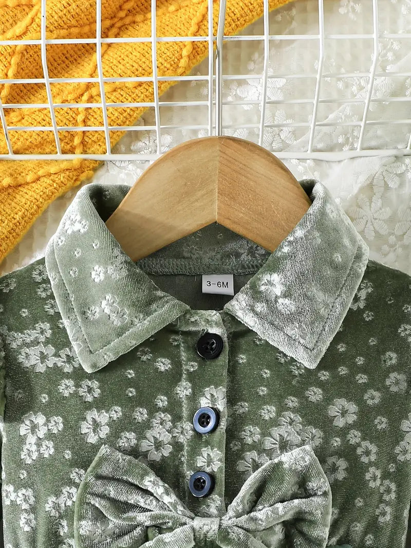 Baby Front Bow Flower Pattern Velvet Dress Green
