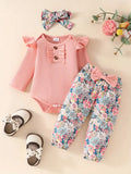 Baby Pink Ribbed Ruffle Bodysuit And Pants Set