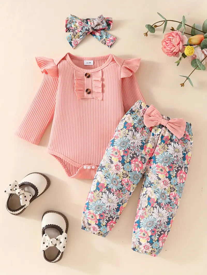 Baby Pink Ribbed Ruffle Bodysuit And Pants Set