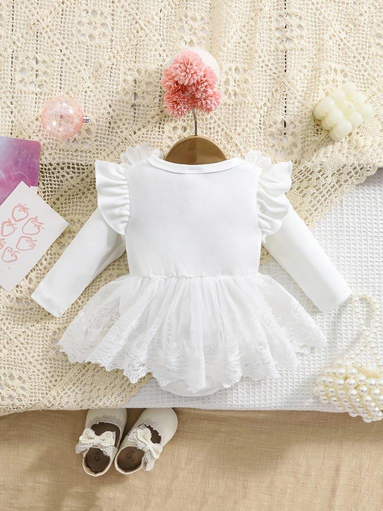 Baby White Lace Trim Bodysuit Dress