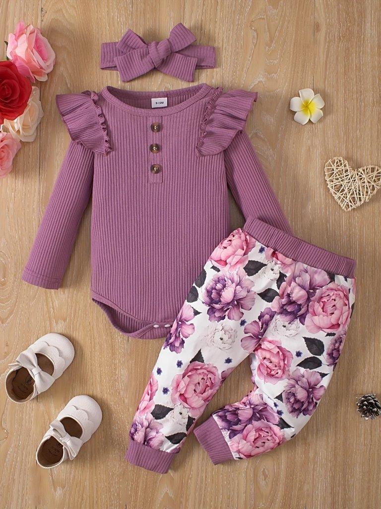 Baby Purple Ruffle Bodysuit And Floral Pants Set