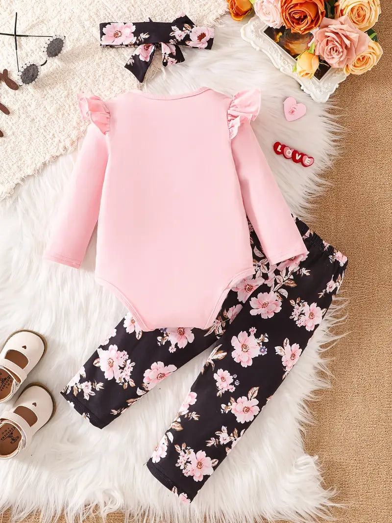 Baby Pink Fluffy Heart Bodysuit And Pants Set