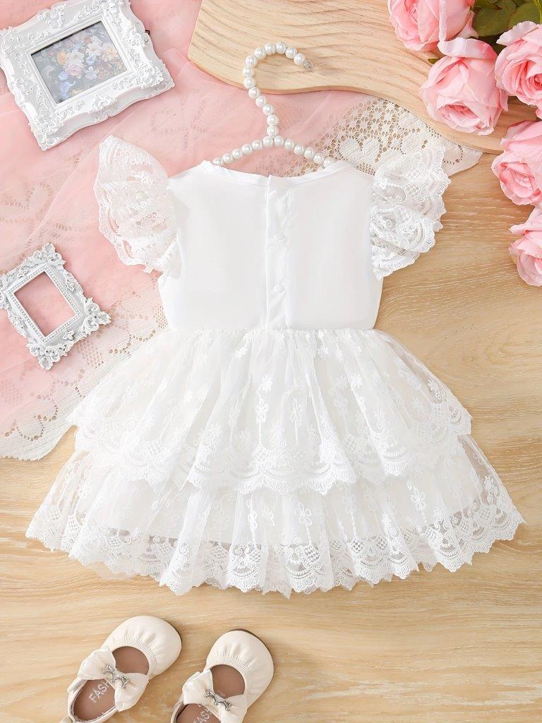Baby White Lace Layered Bow Dress