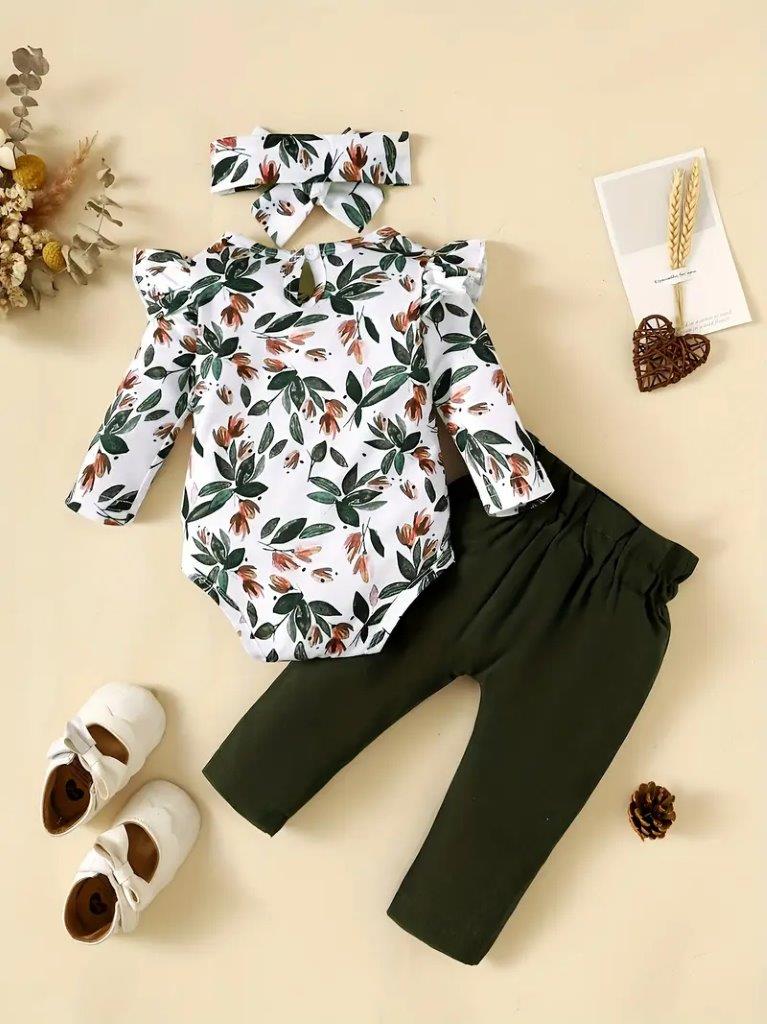 Baby Floral Print Ruffle Sleeve Bodysuit And Bow Pants Set