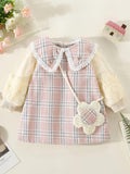 Baby Elegant Plaid Long Sleeve Dress With Bag