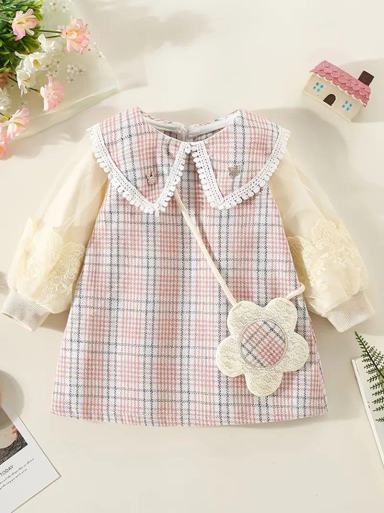 Baby Elegant Plaid Long Sleeve Dress With Bag