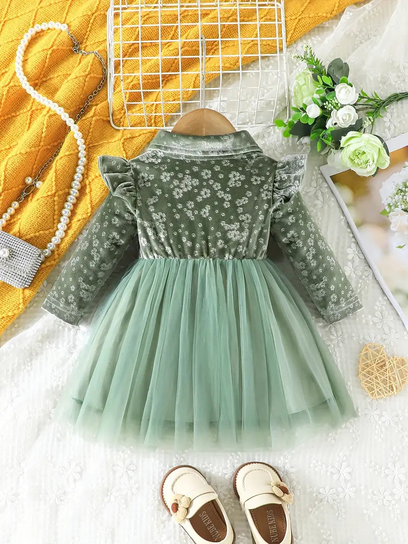 Baby Front Bow Flower Pattern Velvet Dress Green