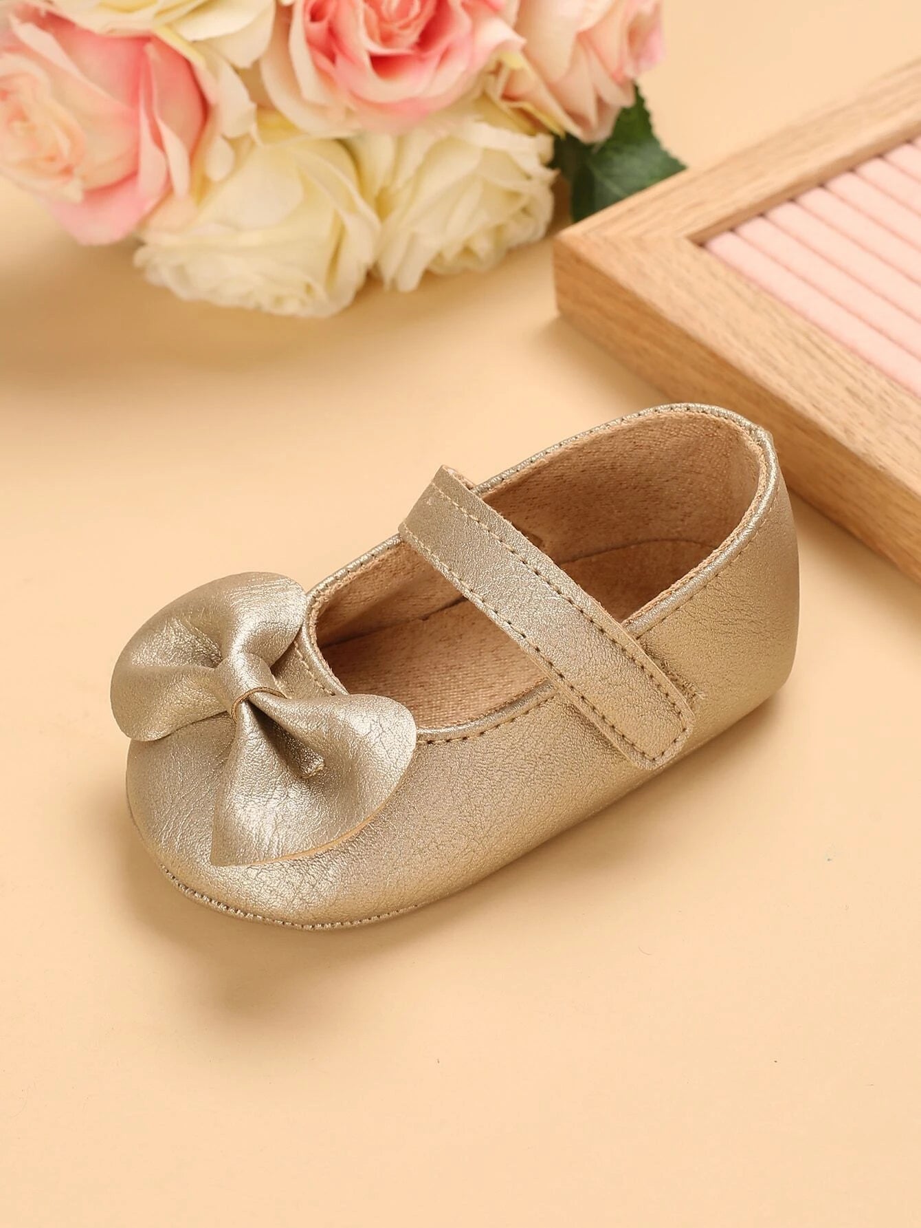 Baby Leather Flats With Bow Gold