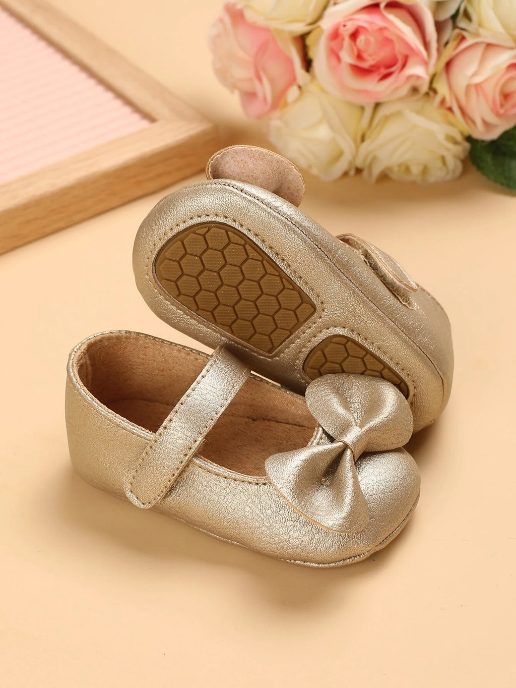 Baby Leather Flats With Bow Gold