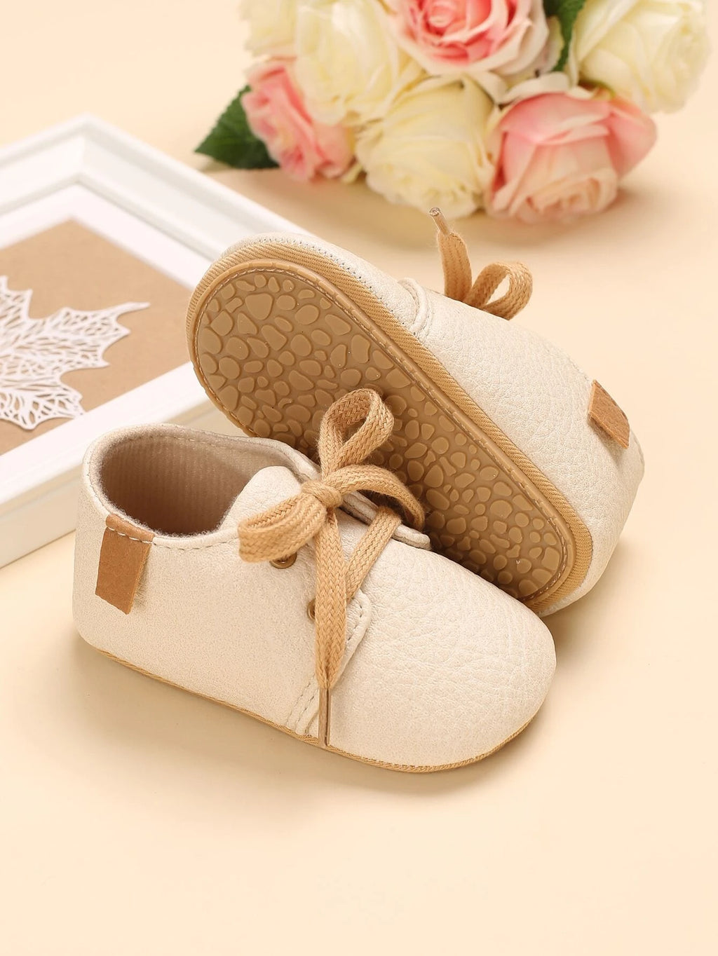 Baby Unisex Leather Lace Up Beige