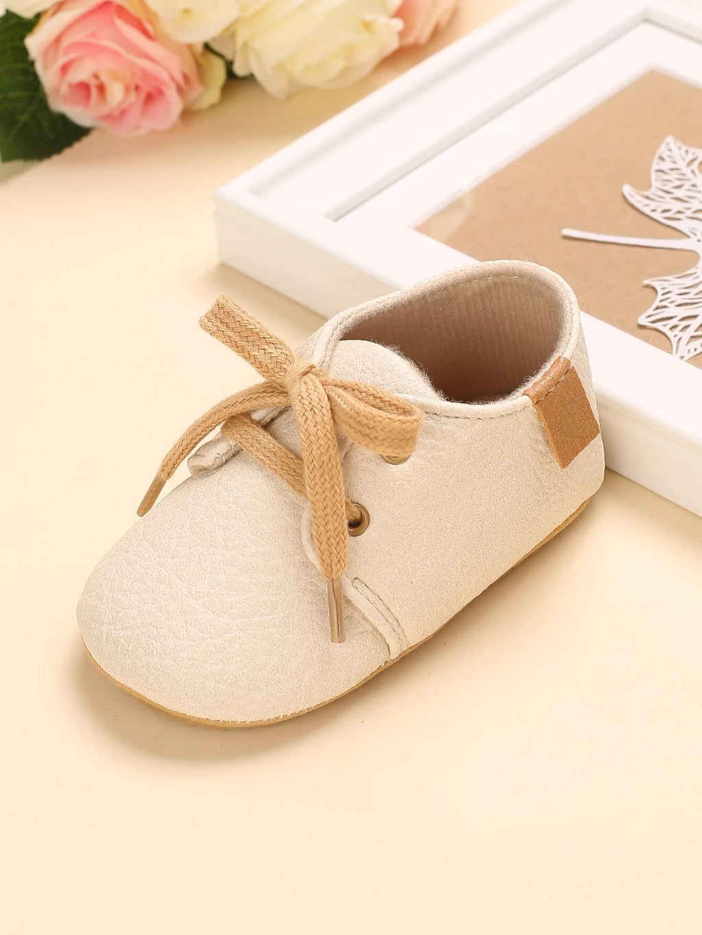 Baby Unisex Leather Lace Up Beige