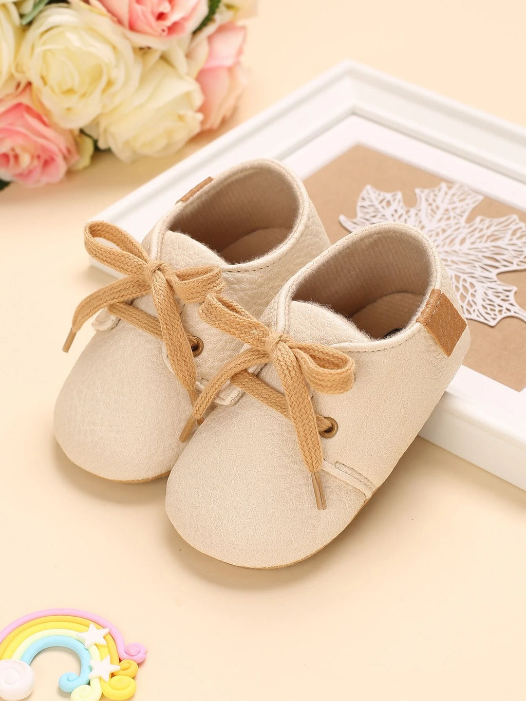 Baby Unisex Leather Lace Up Beige