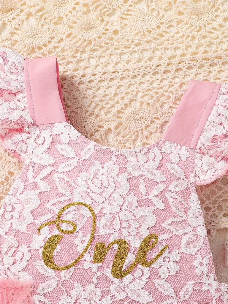 Baby Lace Bow One Year Old Birthday Romper Pink