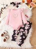 Baby Pink Fluffy Heart Bodysuit And Pants Set