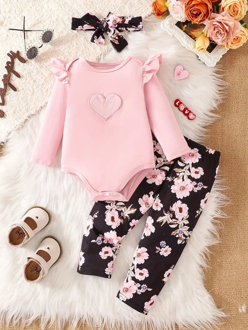 Baby Pink Fluffy Heart Bodysuit And Pants Set