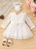 Baby White Belted Lace Dress With Headband