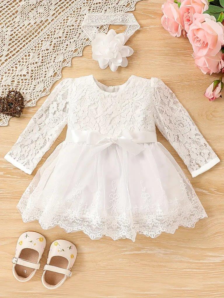 Baby White Belted Lace Dress With Headband