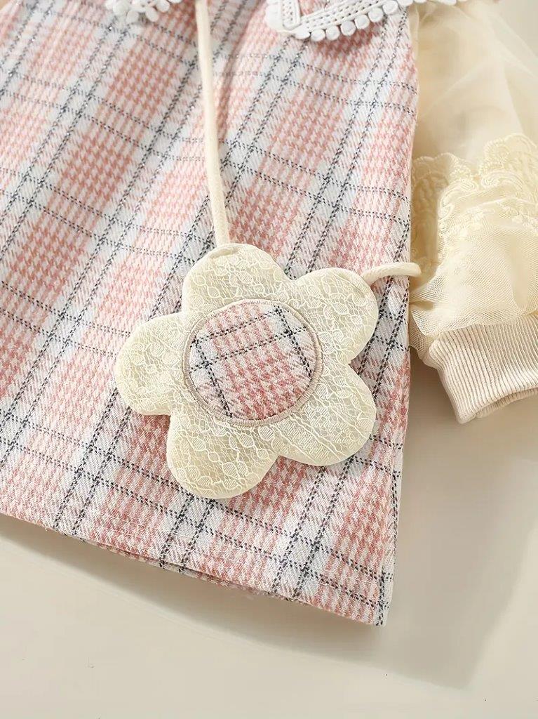 Baby Elegant Plaid Long Sleeve Dress With Bag