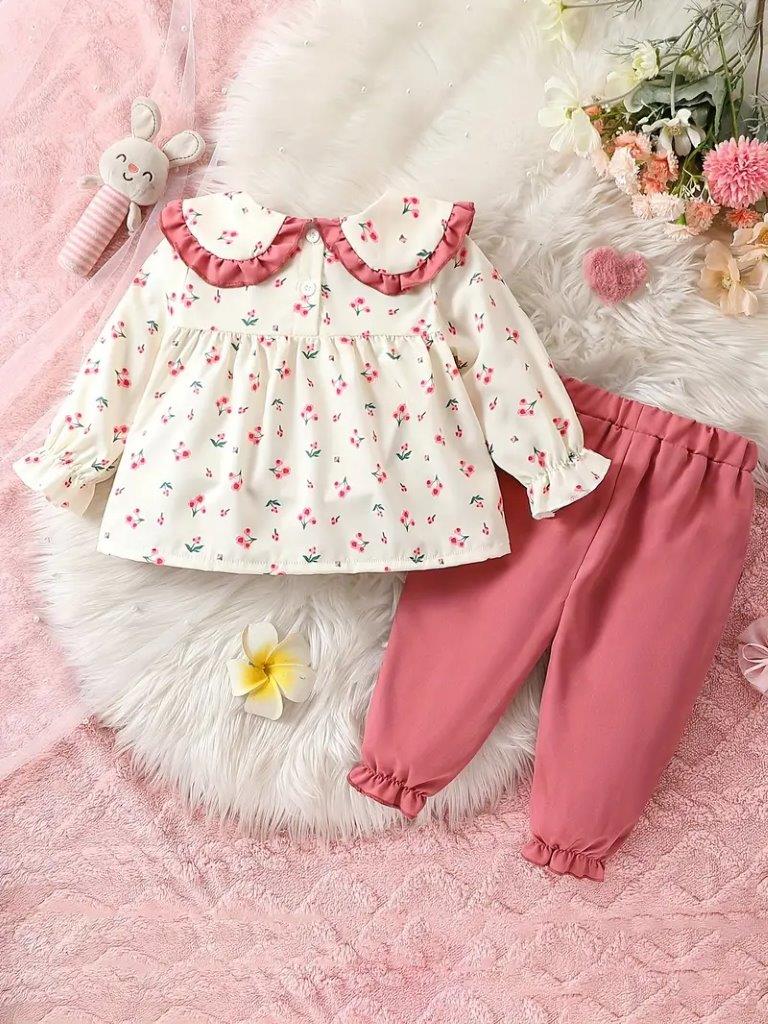 Baby Floral Doll Collar Top With Pants Set