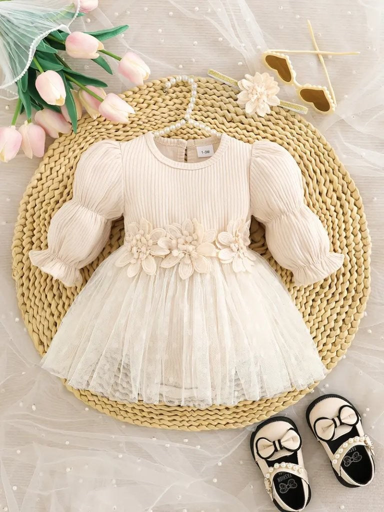 Baby Flower Waist Pattern Long Sleeve Bodysuit Dress