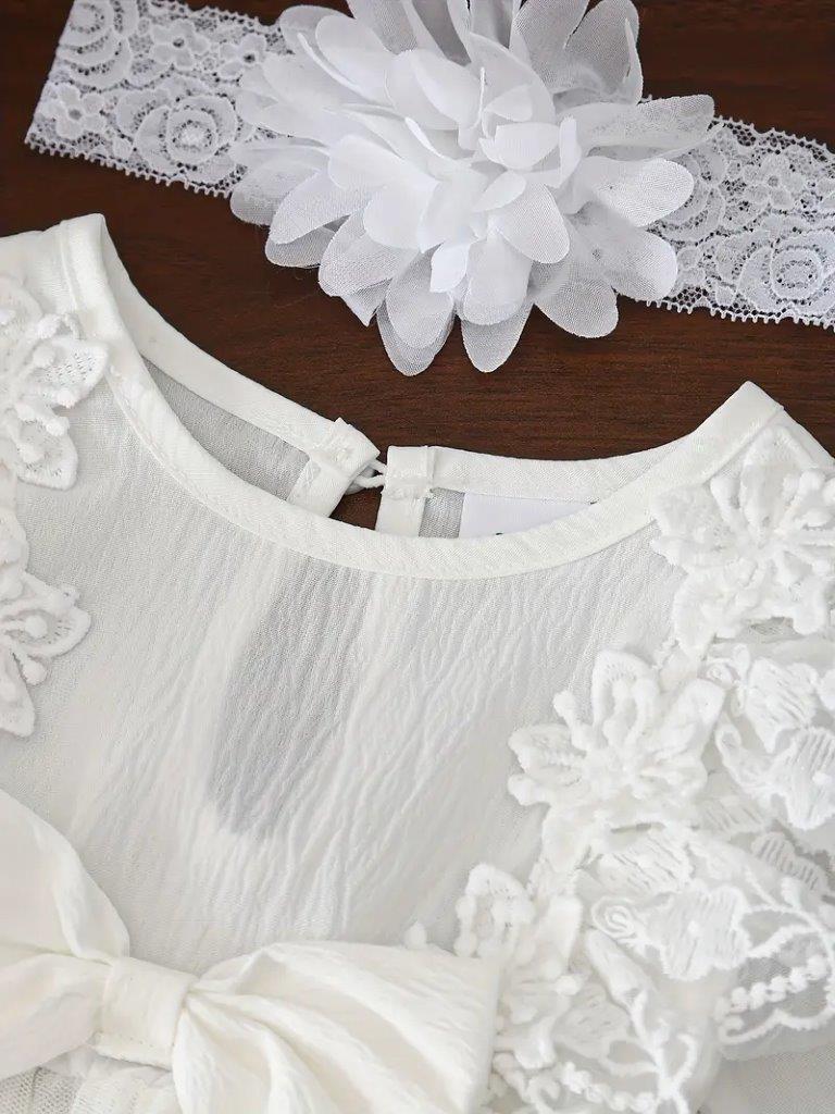 Baby White Embroidered Bow Lace Dress With Headband