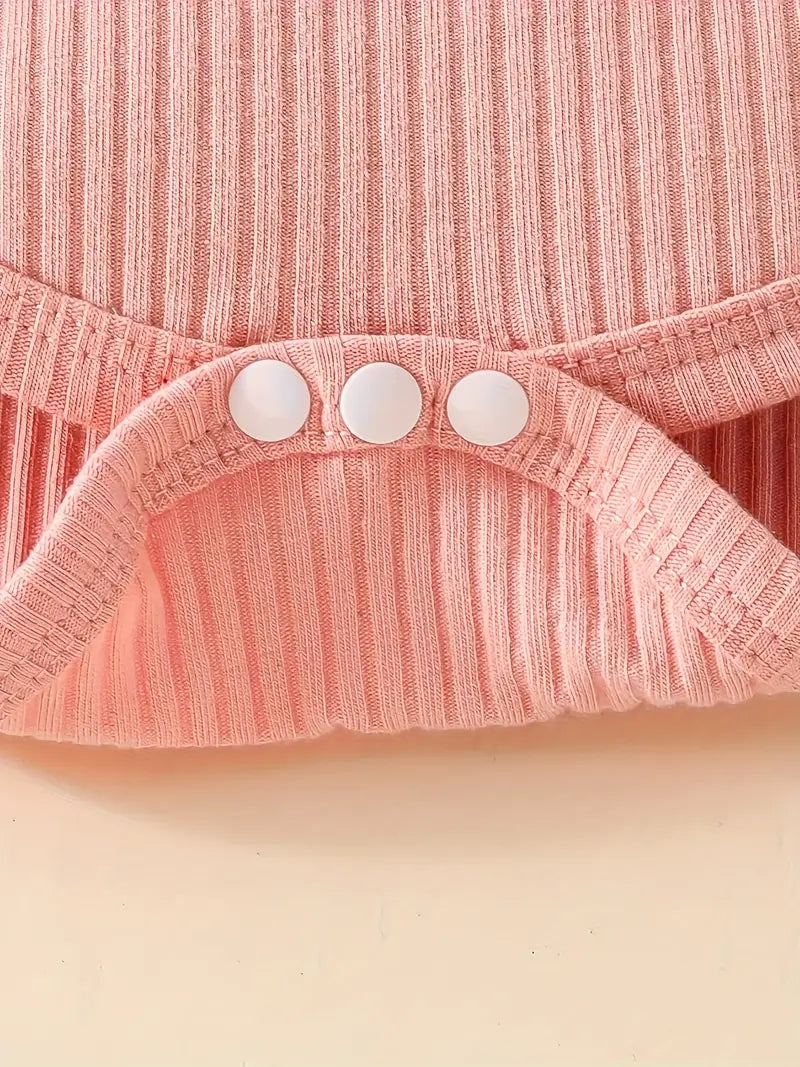 Baby Pink Ribbed Ruffle Bodysuit And Pants Set