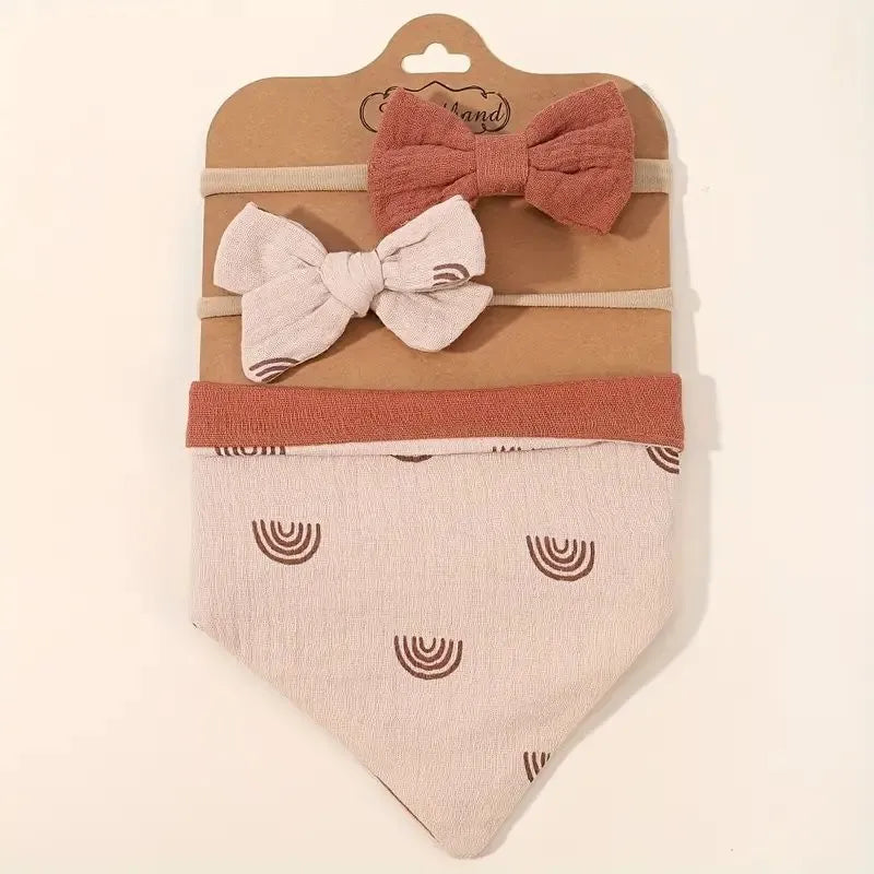 Baby Reversable Bandana Beige Bib With 2 Piece Headband Set