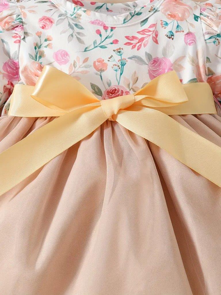 Baby Floral Print Ruffle Sleeve Mesh Dress
