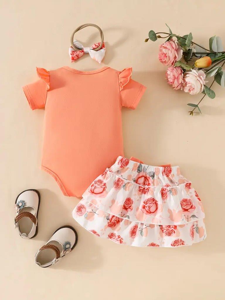 Baby Ruffle Bodysuit And Flower Print Skirt Set