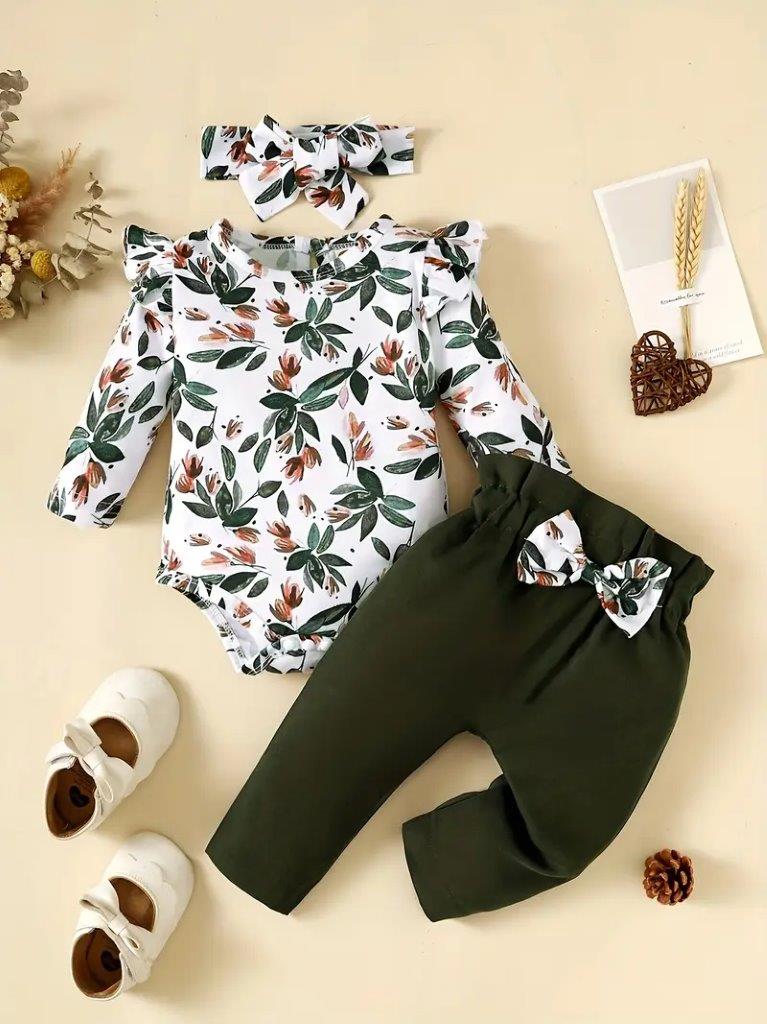 Baby Floral Print Ruffle Sleeve Bodysuit And Bow Pants Set