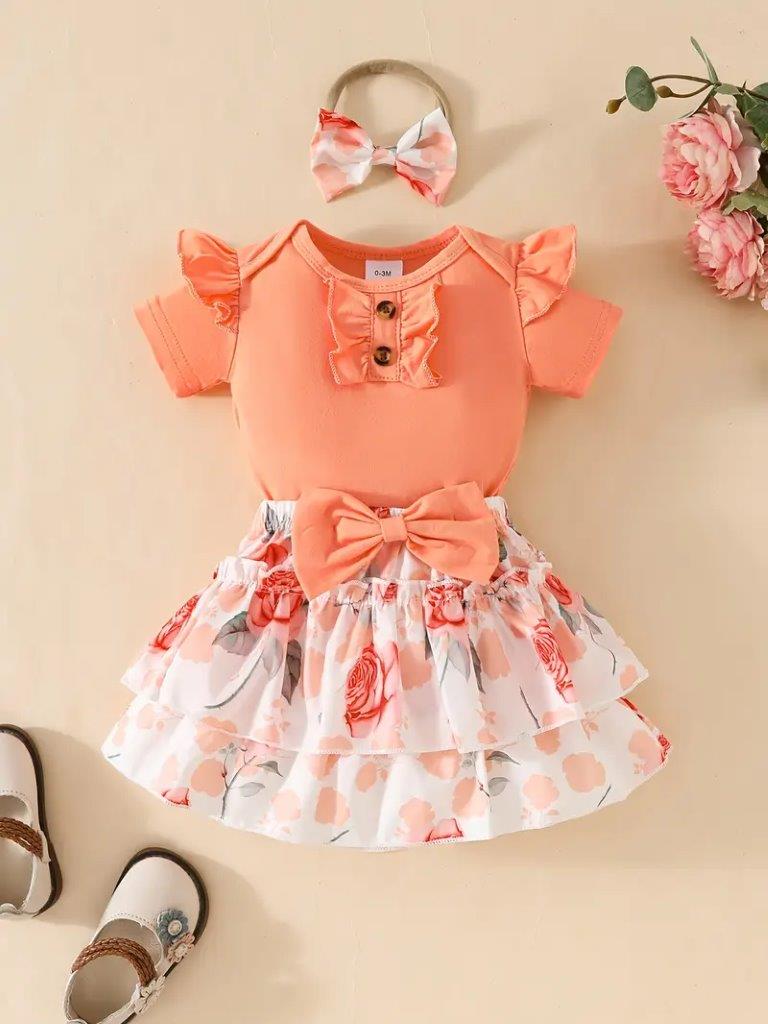 Baby Ruffle Bodysuit And Flower Print Skirt Set