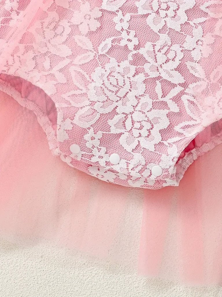 Baby Lace Bow One Year Old Birthday Romper Pink