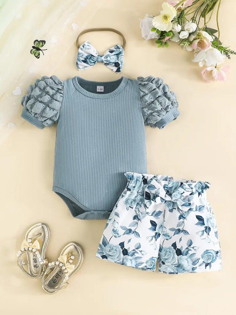 Baby Bubble Sleeve Bodysuit And Floral Shorts Set