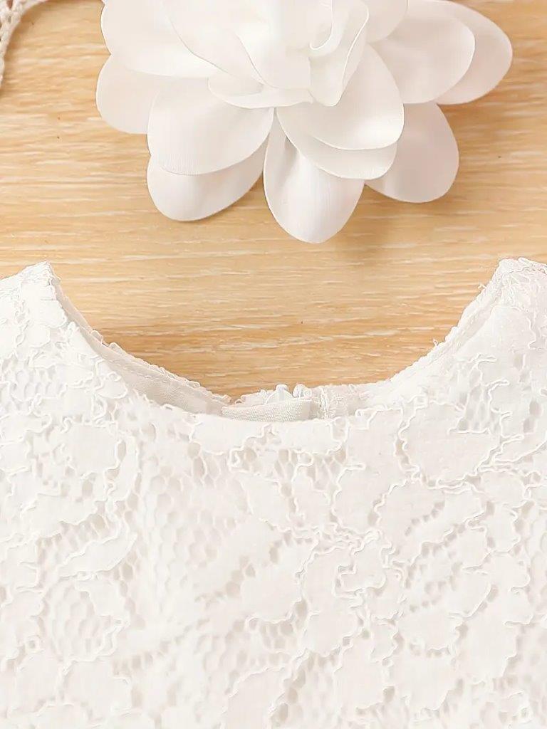 Baby White Belted Lace Dress With Headband