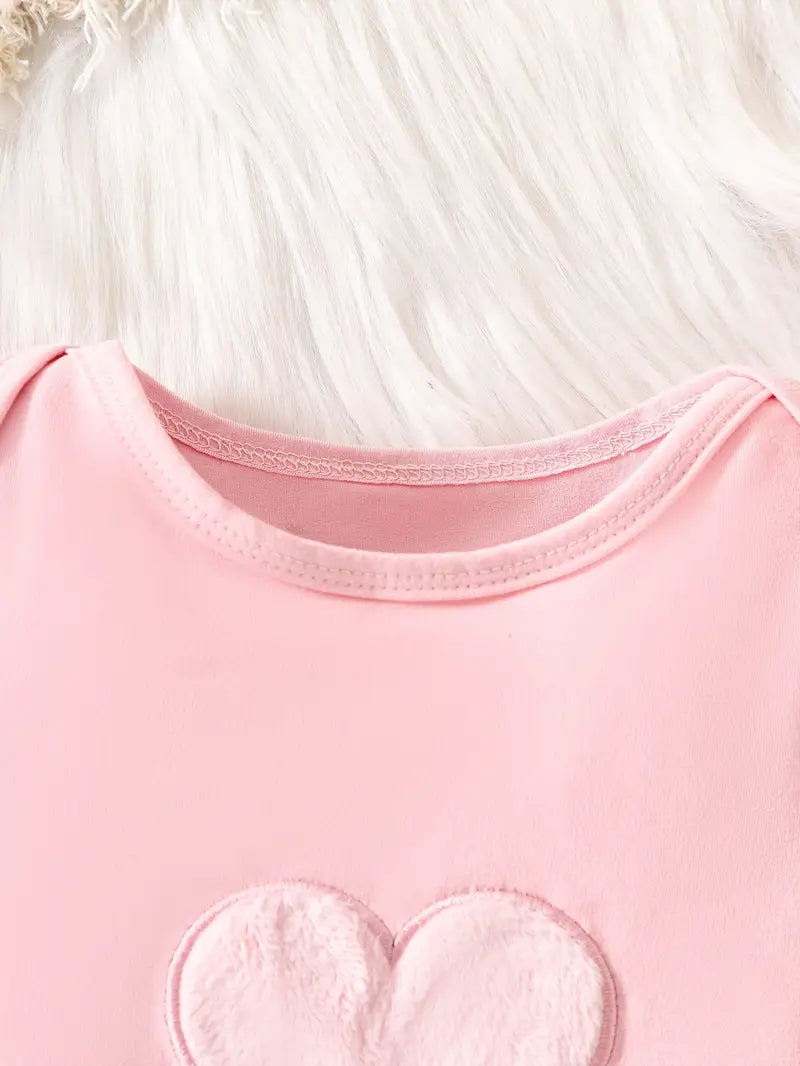 Baby Pink Fluffy Heart Bodysuit And Pants Set
