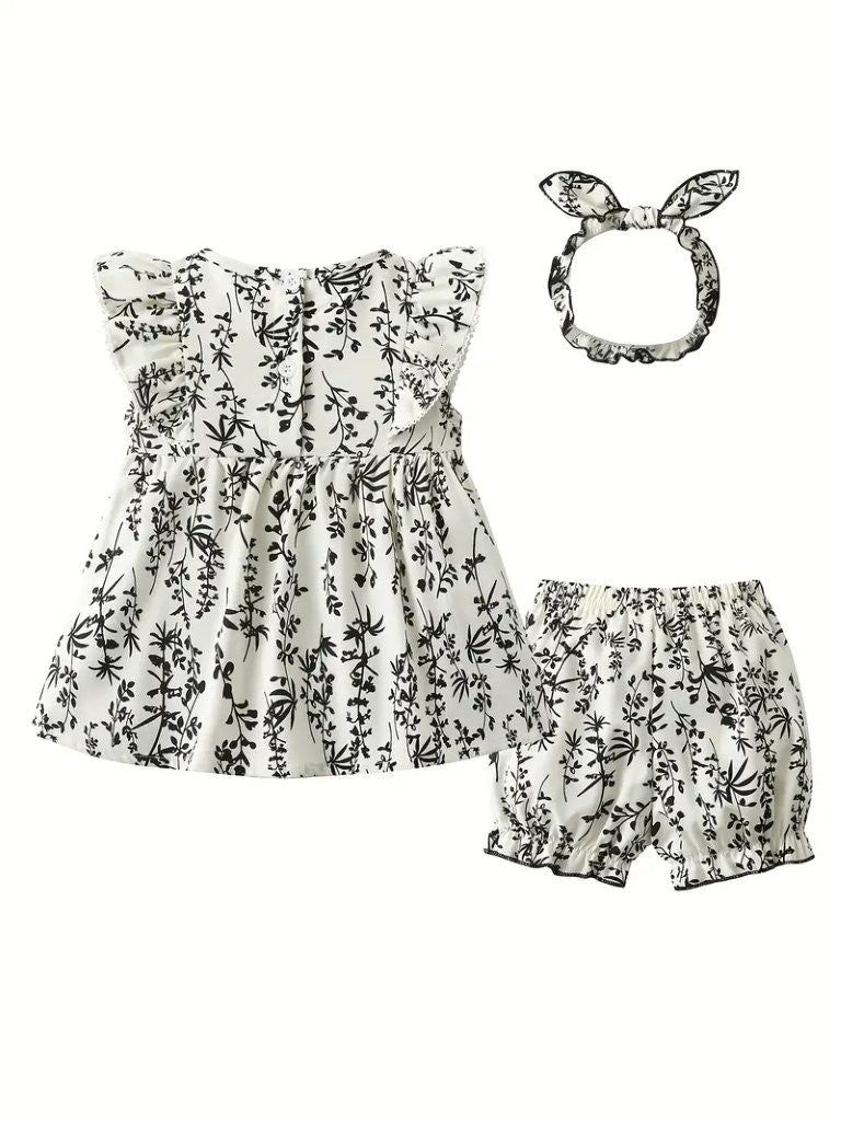 Baby 3 Piece Spring Floral Pattern Dress With Shorts Set