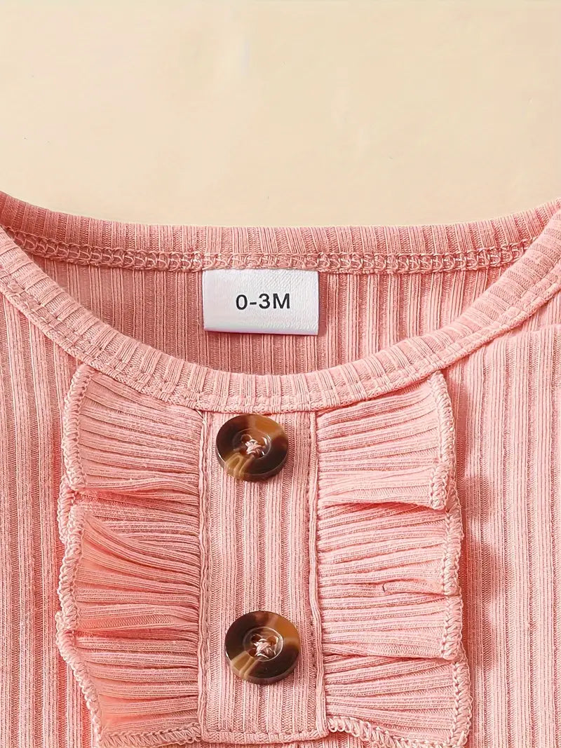 Baby Pink Ribbed Ruffle Bodysuit And Pants Set