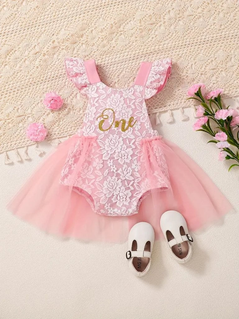 Baby Lace Bow One Year Old Birthday Romper Pink
