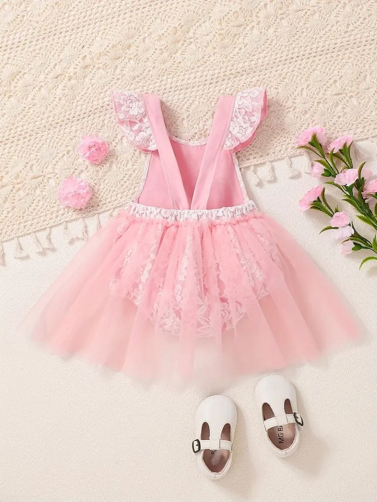 Baby Lace Bow One Year Old Birthday Romper Pink
