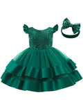 Baby Green Sequin Bow Princess Dress With Headband