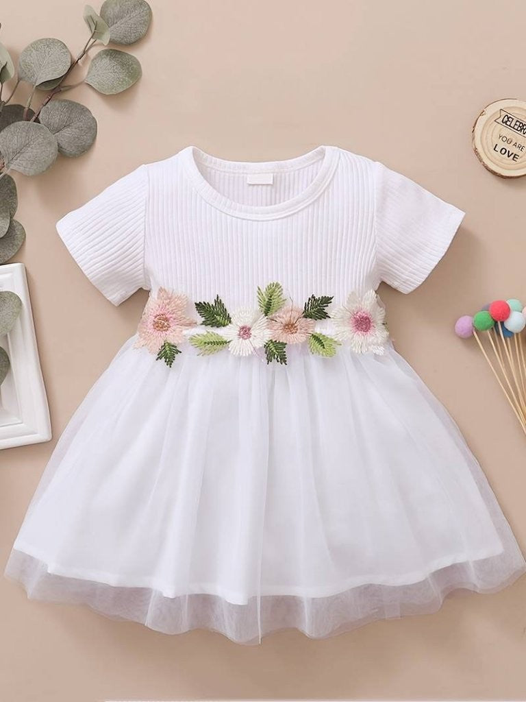 Baby Flower Waist Decor White Dress